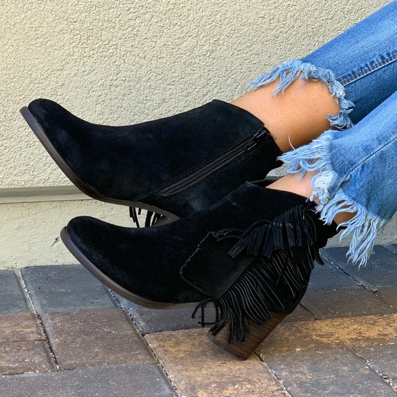 Distressed Black Suede Leather Fringe Ankle Boot - Picture 3 of 8